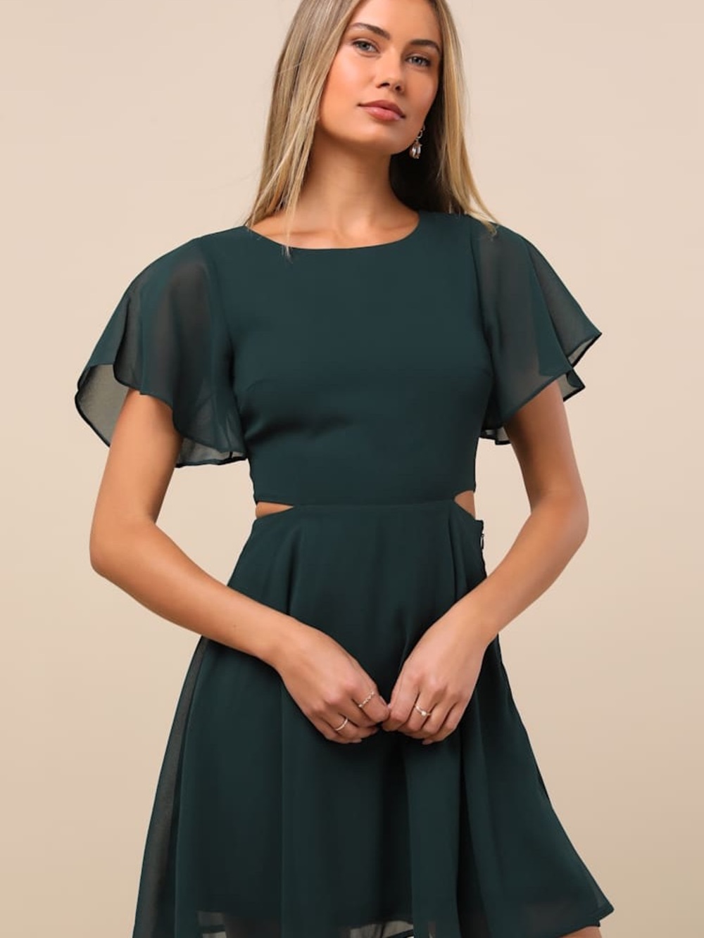 NEW Lulu's Blissful Love Dark Green Cutout Mini Skater Dress Size S